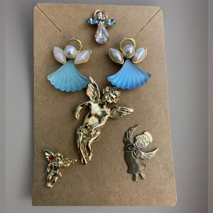 Six 6 Angel Pins Blue Gowns Crystal Blue Crystal Gold Tone Red Stone